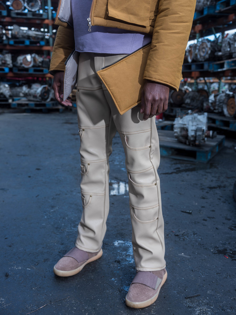 Multi-pocket Vegan Leather Pants - Beige
