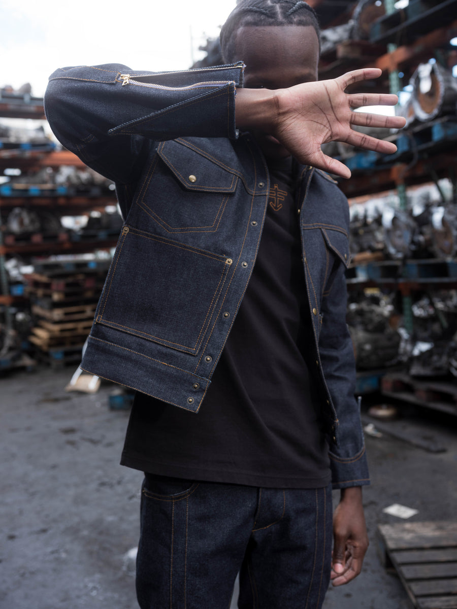 Collared Sleeve Hem Denim Jacket