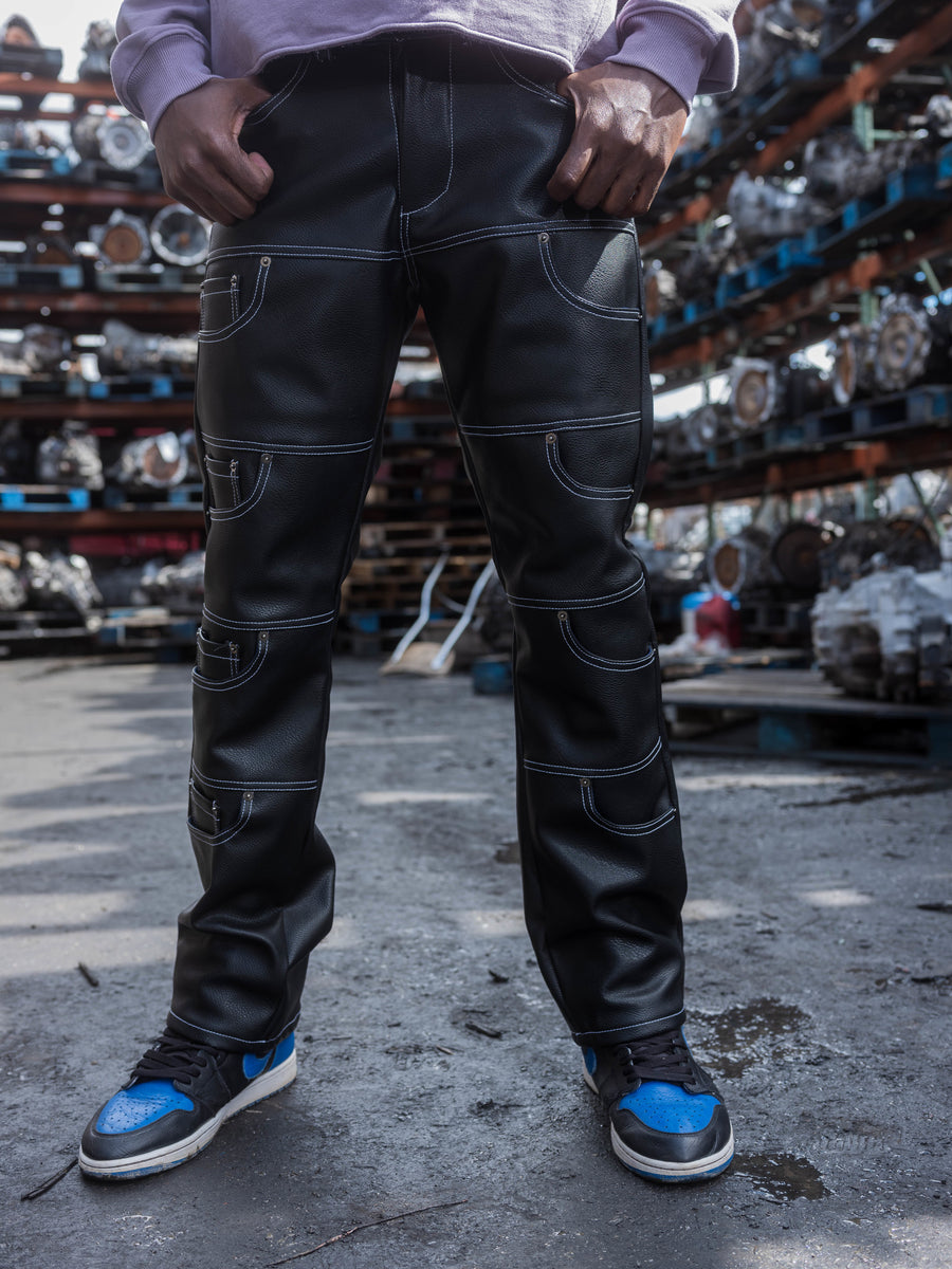 Multi-pocket Vegan Leather Pants - Black